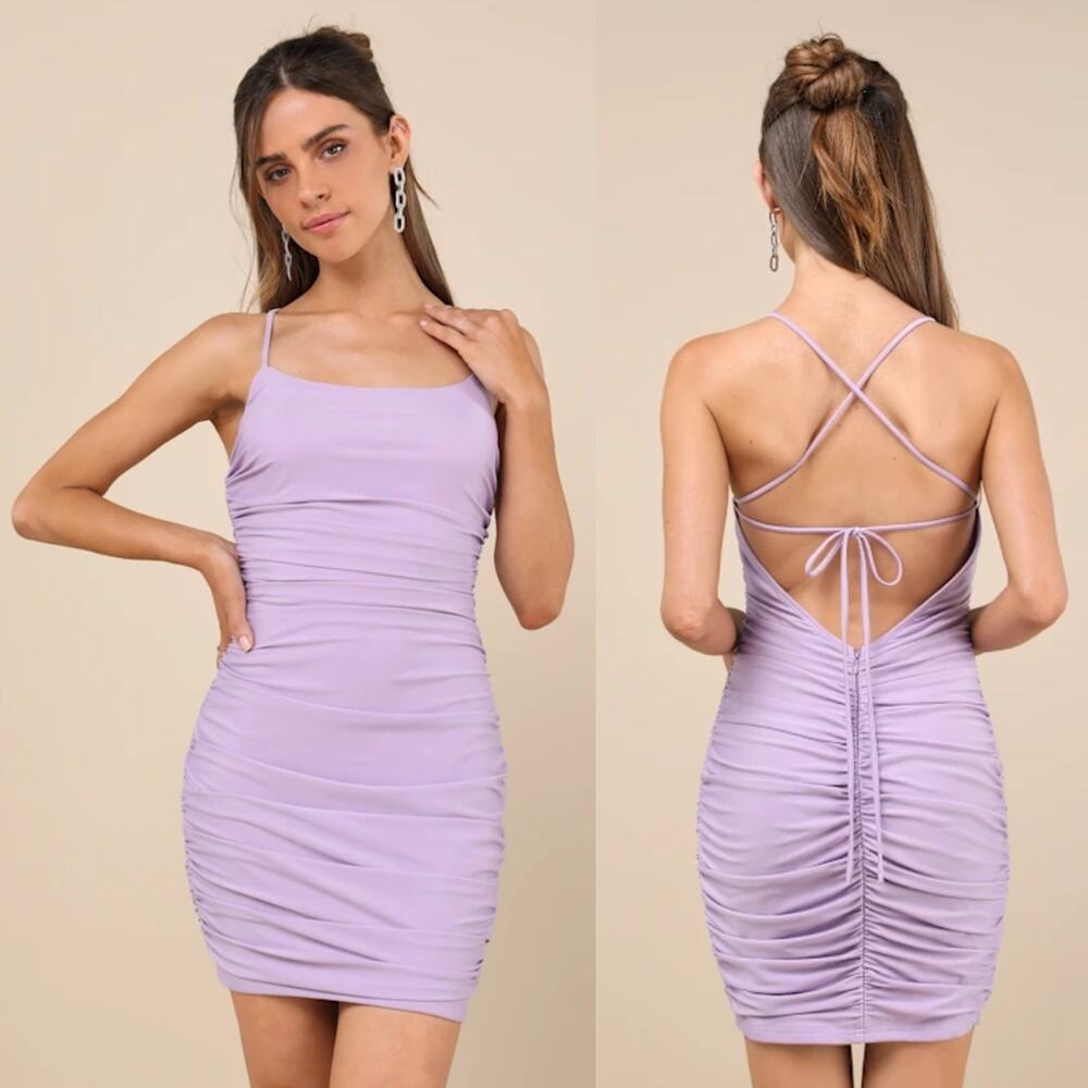 NWOT Lulus Confident Allure Lavender Ruched Lace-Up Bodycon Mini Dress Party S